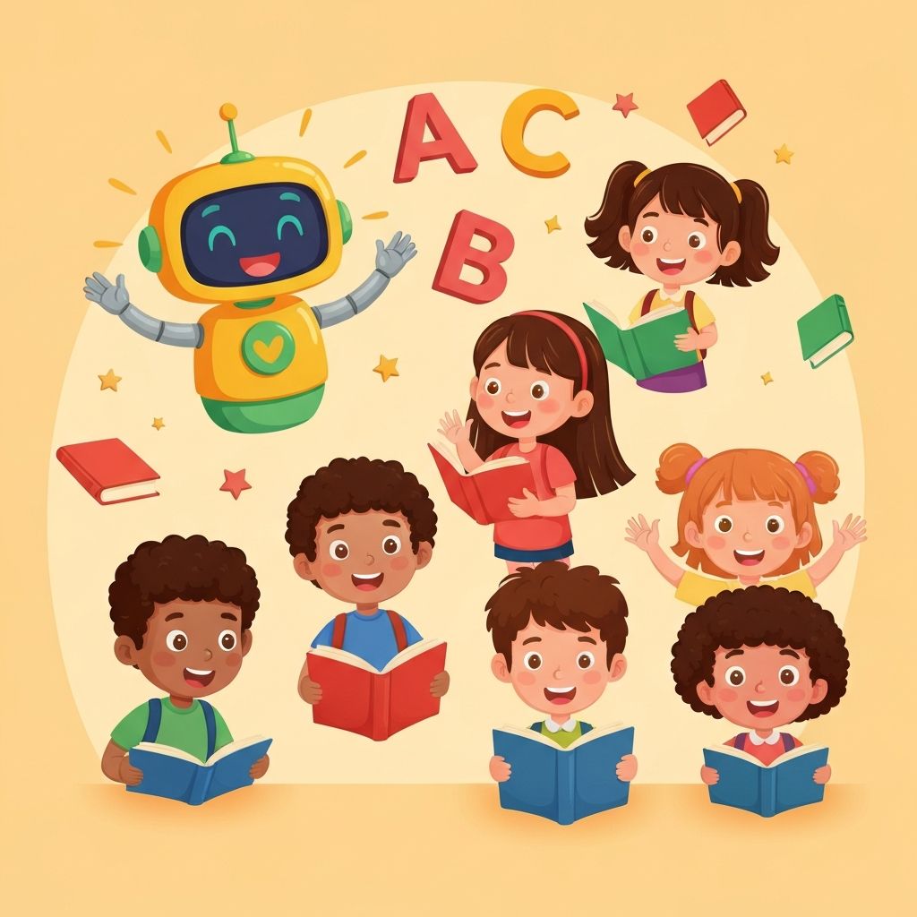 Happy kids learning English with floating letters